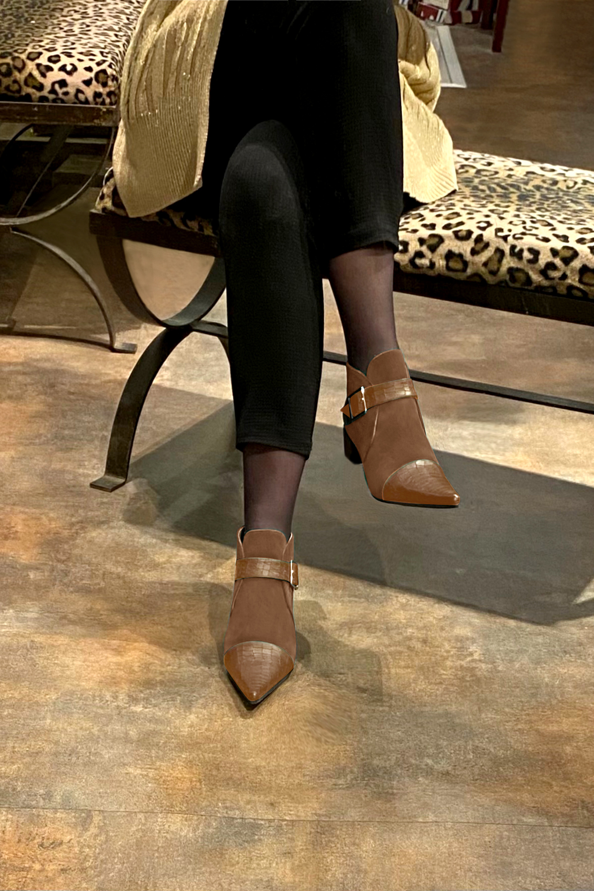 Caramel brown women's ankle boots with buckles at the front. Pointed toe. Low cone heels. Worn view - Florence KOOIJMAN